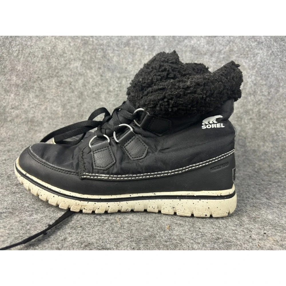 Sorel Whitney Short Lace Boots Womens 8 Black Waterproof Faux Fur NL2297-010